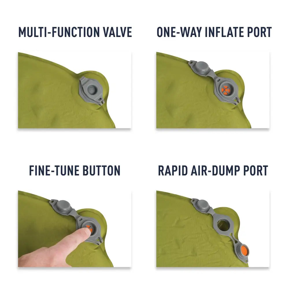 Sea to Summit Camp Self-Inflating Sleeping Mat in green, regular size, shown rolled out with textured surface for outdoor camping.