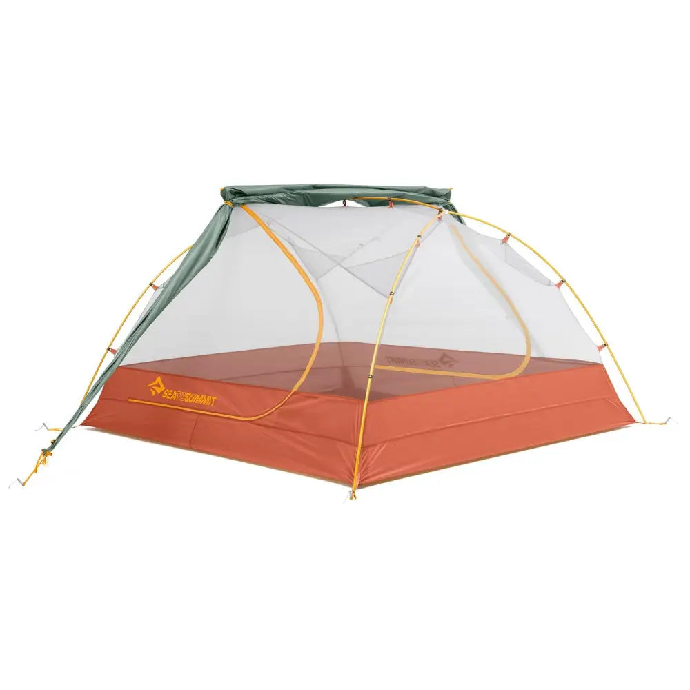 Sea to Summit Ikos TR3 three-person tent set up outdoors with gray fabric and mesh windows, ideal for camping adventures.
