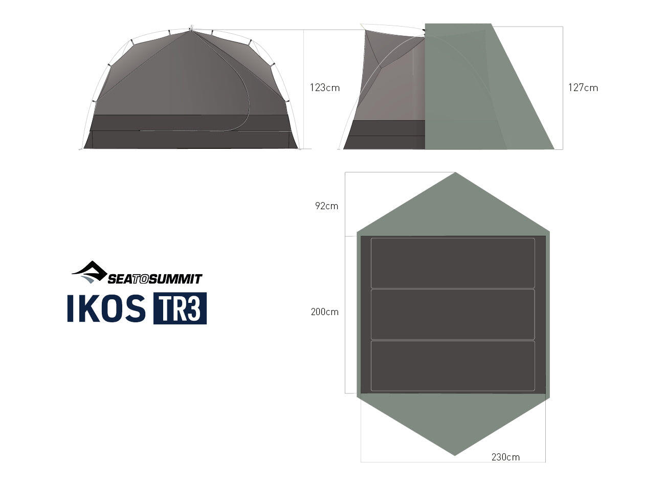 Sea to Summit Ikos TR3 three-person tent set up outdoors with gray fabric and mesh windows, designed for camping and outdoor adventures.