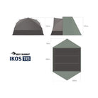 Sea to Summit Ikos TR3 three-person tent set up outdoors with gray fabric and mesh windows, designed for camping and outdoor adventures.