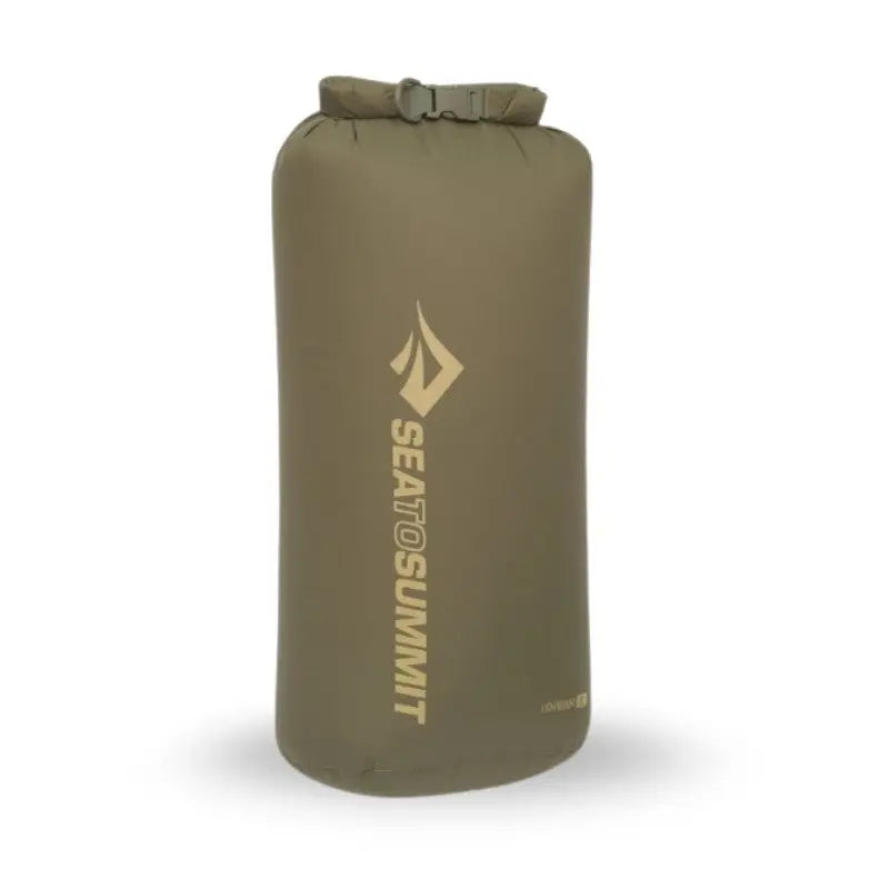 Sea to Summit 13L lightweight dry bag in olive green, waterproof outdoor gear with roll-top closure for dry storage.