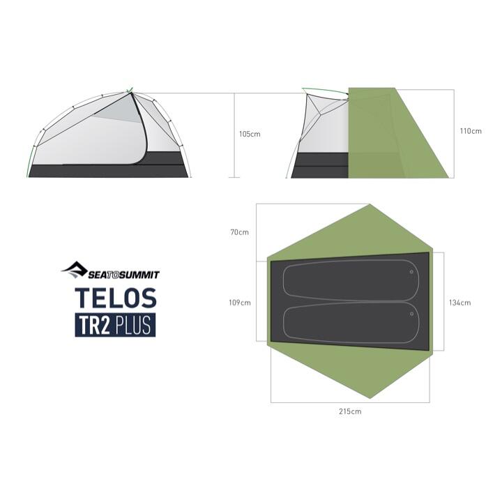 Sea to Summit Telos TR2 Plus two-person freestanding tent set up outdoors, showing its green rainfly and mesh panels.