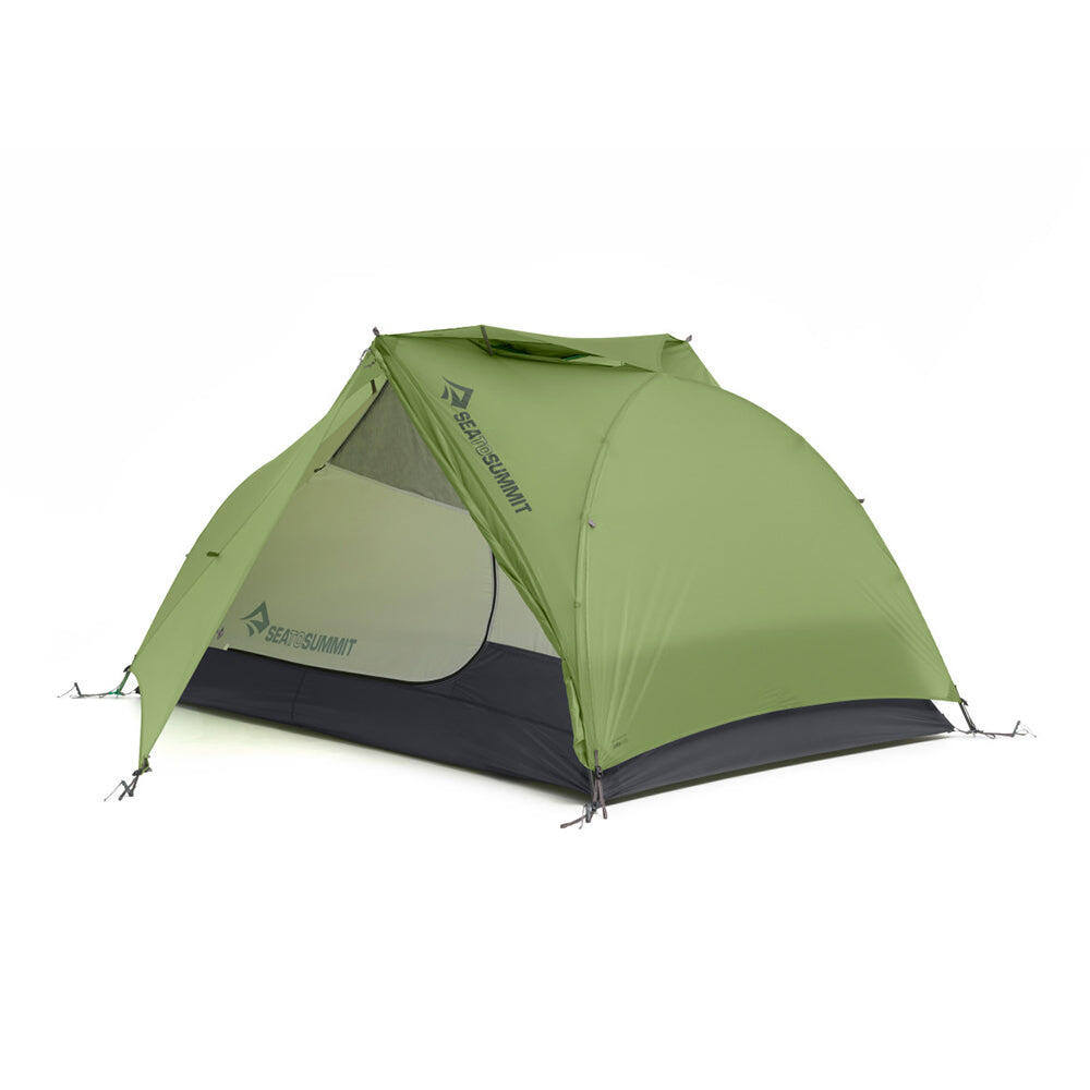 Sea to Summit Telos TR2 Plus two-person freestanding tent set up outdoors, green fabric, suitable for 3+ season camping.