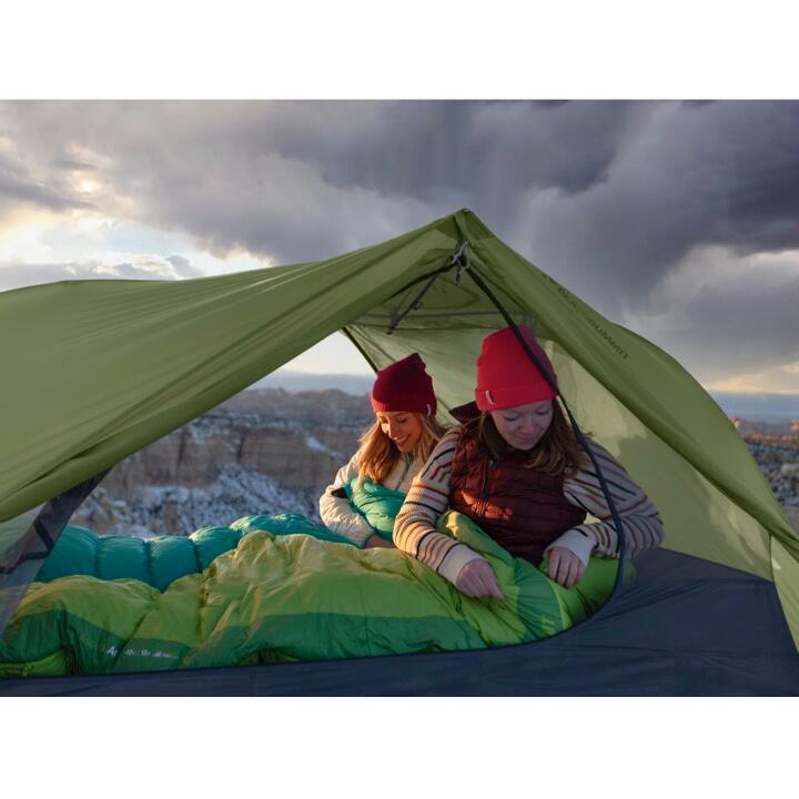 Sea to Summit Telos TR2 Plus two-person freestanding tent set up outdoors with rainfly and ventilation panels for 3+ season camping.