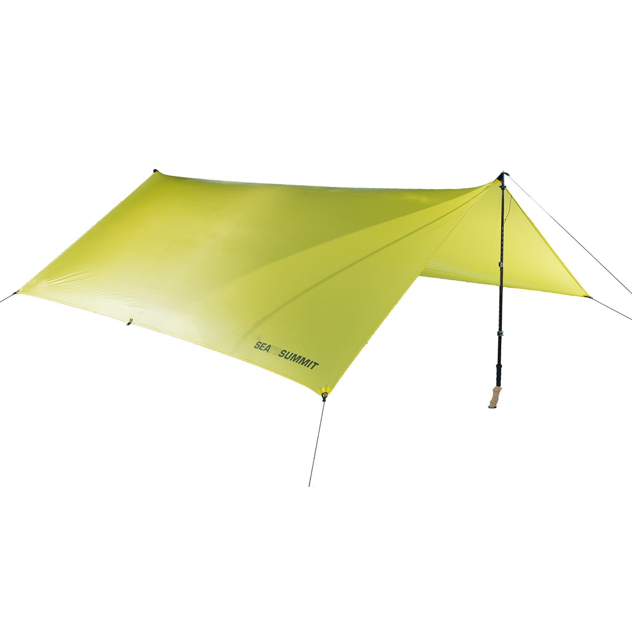 Yellow Sea to Summit Ultralight Escapist Tarp set up outdoors, showcasing its lightweight, compact tent shelter design.