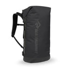 Sea to Summit Waterproof Big River Dry Backpack in black, 50-liter capacity, featuring secure roll-top closure and durable waterproof material.