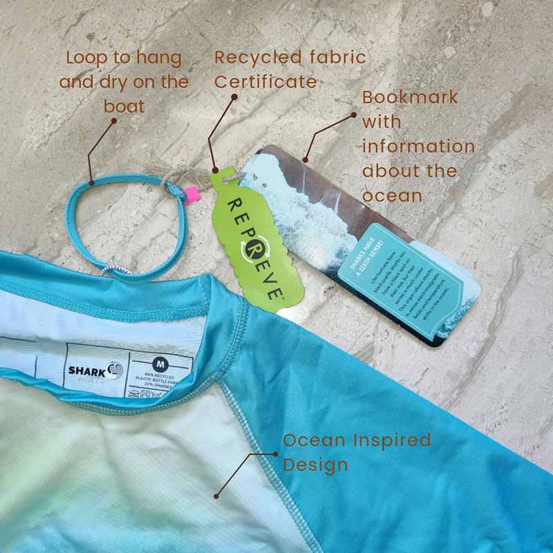 Shark Mate men's water sports UV rash guard T-shirt with long sleeves, shades of ocean blue, perfect for swimming and sun protection.