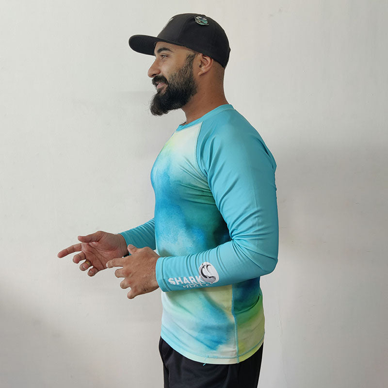Shark Mate men's water sports UV rash guard T-shirt featuring full sleeves in shades of ocean blue.