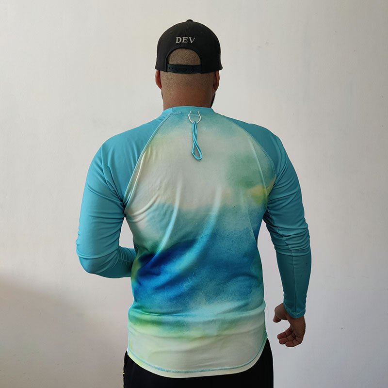 Shark Mate men's water sports UV rash guard T-shirt in shades of ocean blue with long sleeves for sun protection and active wear.