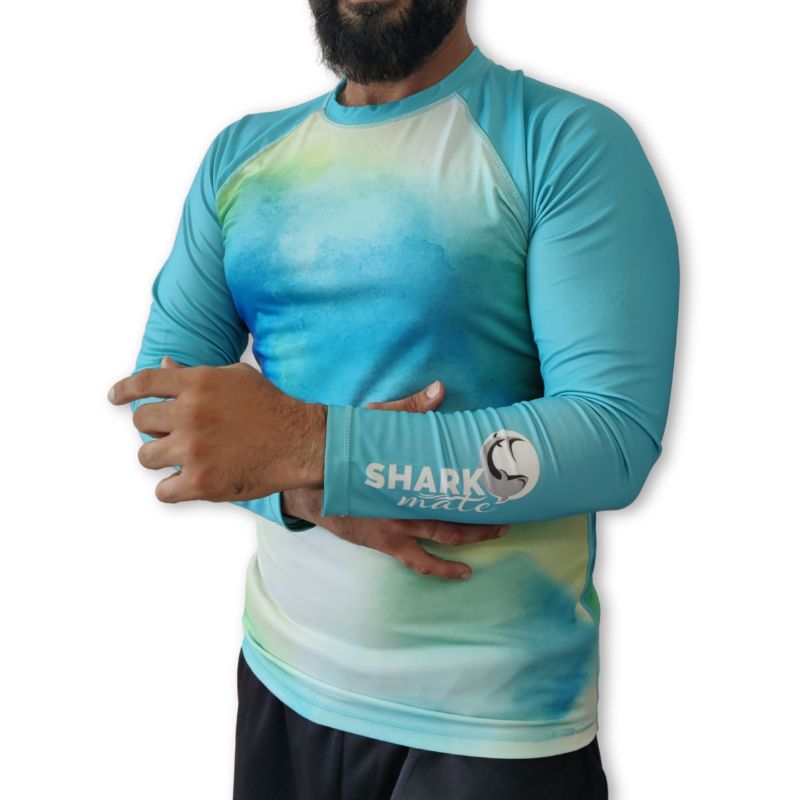 Shark Mate men's water sports UV rash guard T-shirt with full sleeves, shades of ocean blue, designed for sun protection and active water use.