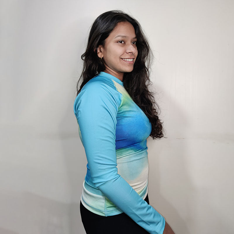 Shark Mate women's water sports UV rash guard T-shirt with full sleeves, designed for sun protection during water activities.