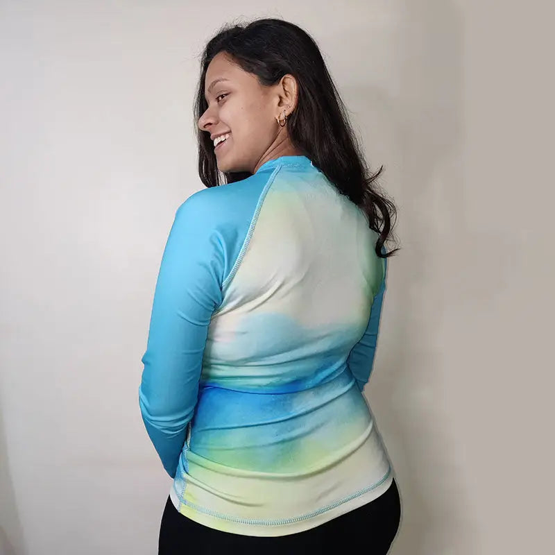 Shark Mate women's full sleeve UV rash guard T-shirt designed for water sports, with lightweight, quick-drying fabric and sun protection.