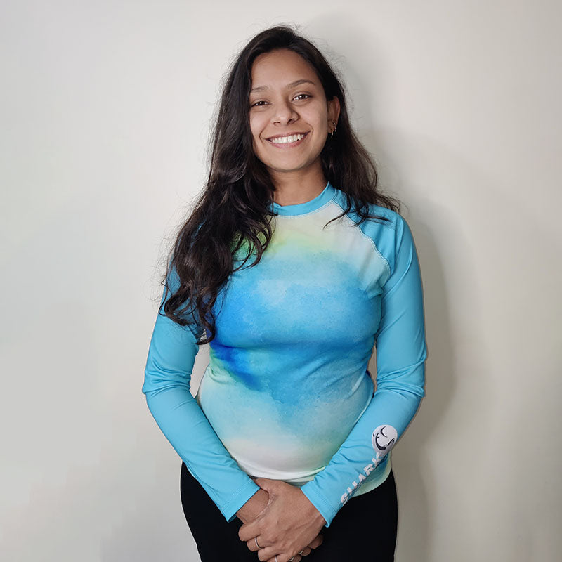 Shark Mate women's full sleeve UV rash guard T-shirt for water sports, with lightweight, quick-drying fabric and sun protection.