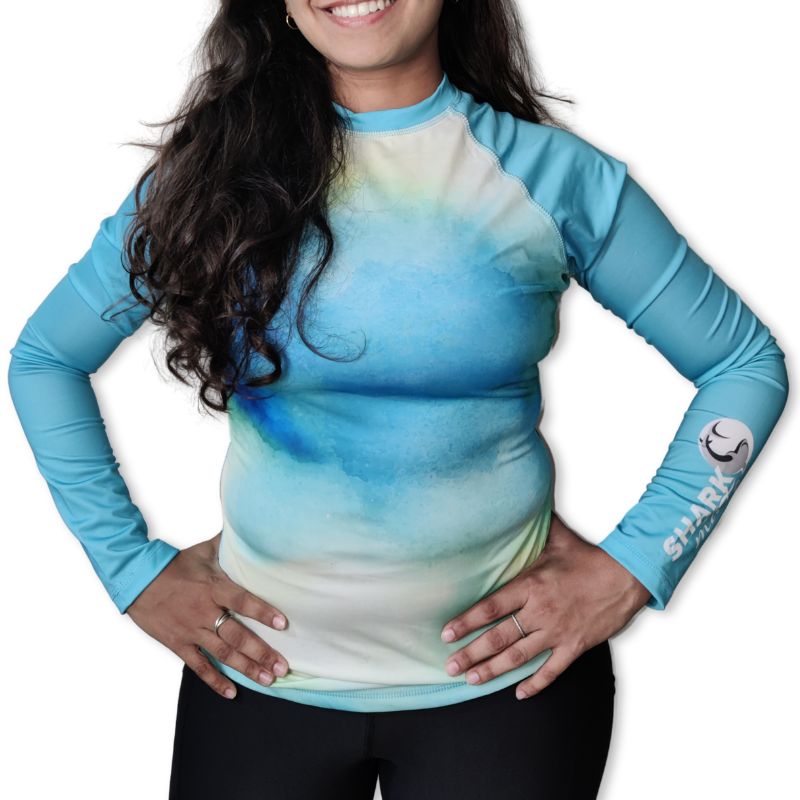 Shark Mate women's full sleeve UV rash guard T-shirt designed for water sports with quick-dry fabric and sun protection.