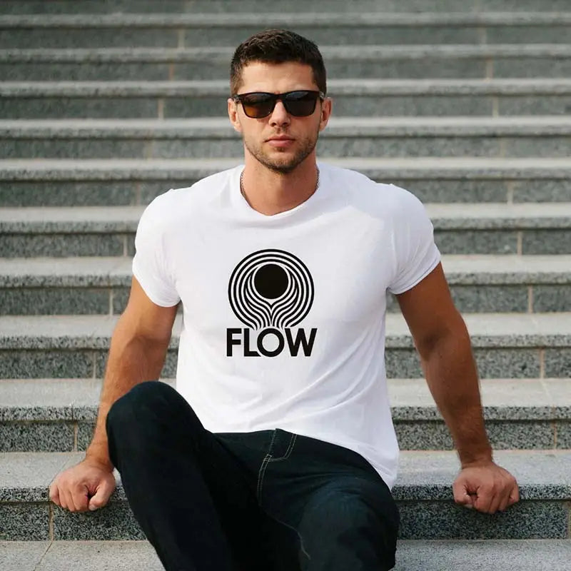 Two white SKiD O2 men's Flow printed T-shirts, showcasing front design and casual fit in a pack of two.
