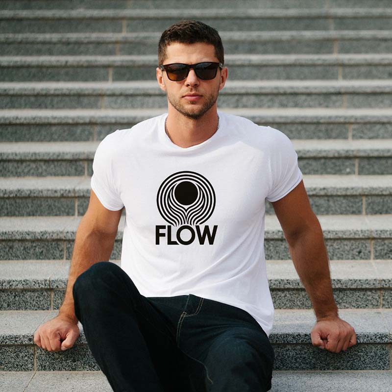 Two white SKiD O2 men's Flow printed T-shirts, showcasing front design and casual fit in a pack of two.