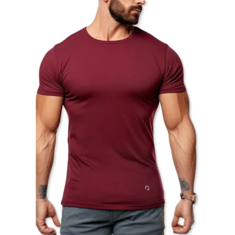 Red SKiD O2 men's Om Breathe printed T-shirt, front view showing bold graphic design in a pack of two.
