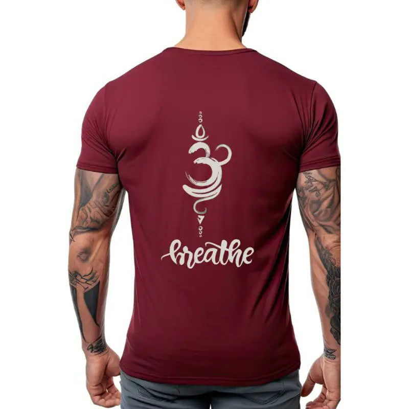 Pair of SKiD O2 men's Om Breathe printed T-shirts in red, featuring bold graphic designs, shown laid flat.