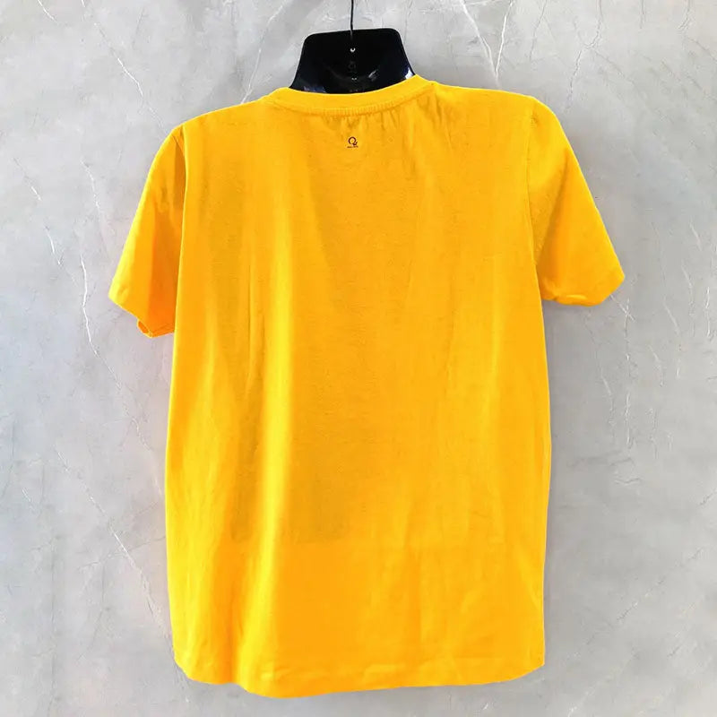 Two SKiD O2 women's Breathe printed T-shirts in yellow, shown flat with front view and colorful design.