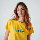 Yellow and white printed Skid O2 Women's Breathe T-shirt pack, casual short-sleeve T-shirts with graphic design, front view.
