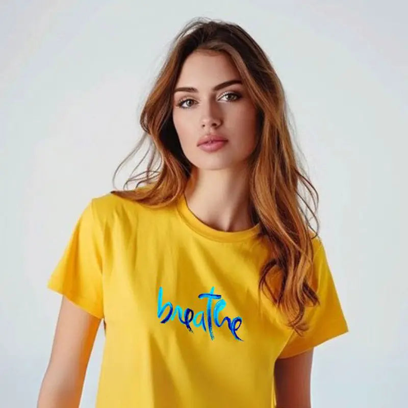 Yellow and white printed Skid O2 Women's Breathe T-shirt pack, casual short-sleeve T-shirts with graphic design, front view.