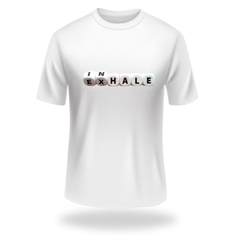 White Skid O2 men's inhale-exhale printed T-shirt with bold graphic design on front, casual fit, lightweight cotton fabric.