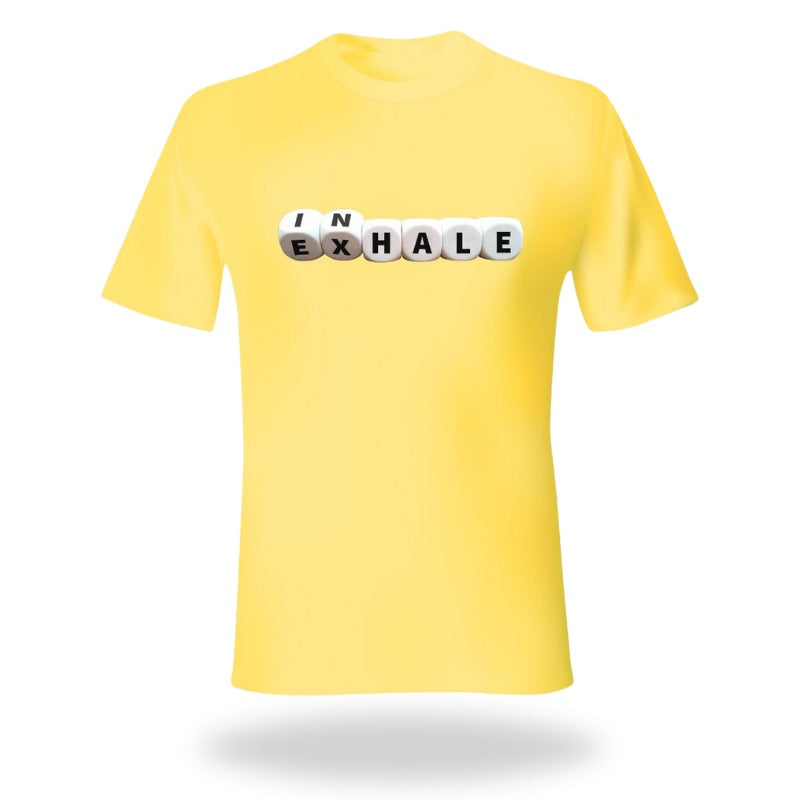 Yellow Skid O2 men's T-shirt with inhale-exhale printed design, casual short-sleeve shirt made of soft fabric.