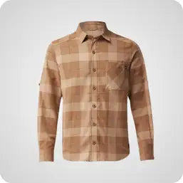 Tan and beige plaid long-sleeved button-up shirt with a classic collar.