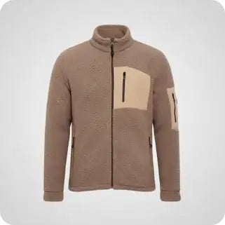 Tan fleece jacket with beige patch pockets and zipper accents.
