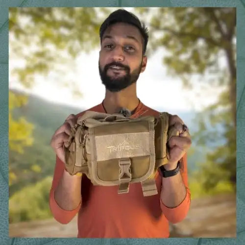 Tan tactical waist pack with a flap closure and adjustable straps.