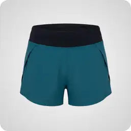 Teal athletic shorts with a black elastic waistband.
