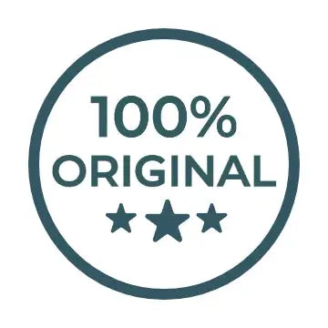 A teal circular seal with the text ’100% original’ and three stars beneath it.