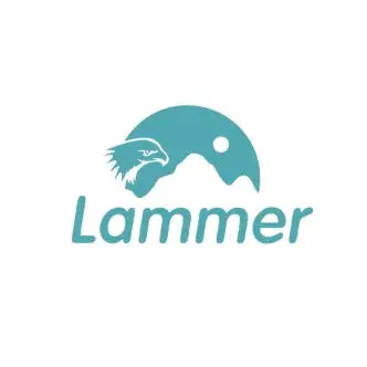 Teal-colored logo featuring a stylized eagle head and mountain silhouette with the word ’lammer’ beneath.
