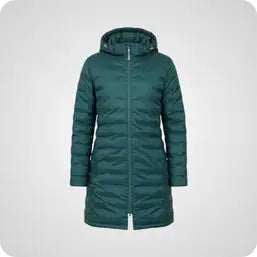 Teal quilted hooded winter coat with a full-length zipper and ribbed cuffs.