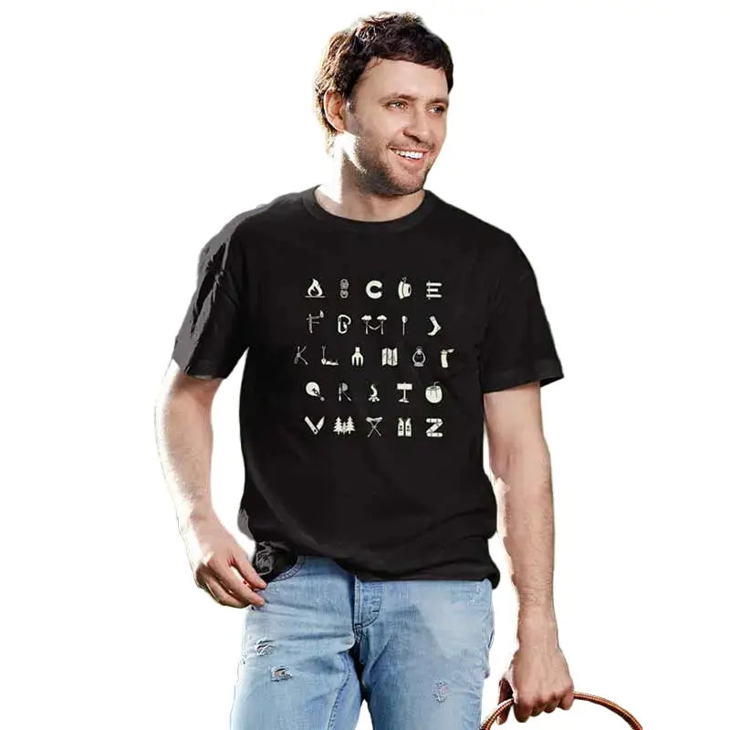 The Mahua Store Men’s Camping A to Z Print T-shirt - Black / XS - T-shirt