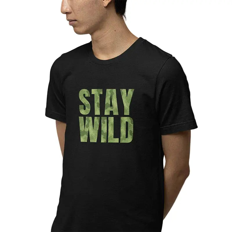 The Mahua Store Men’s Stay Wild-Green Camo Print T-shirt - Black / XS - T-shirt