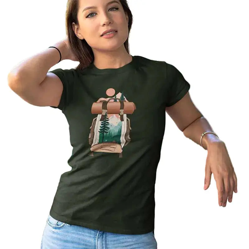 The Mahua Store Women’s Bag full of Memories Print T-shirt - Olive / XS - T-shirt