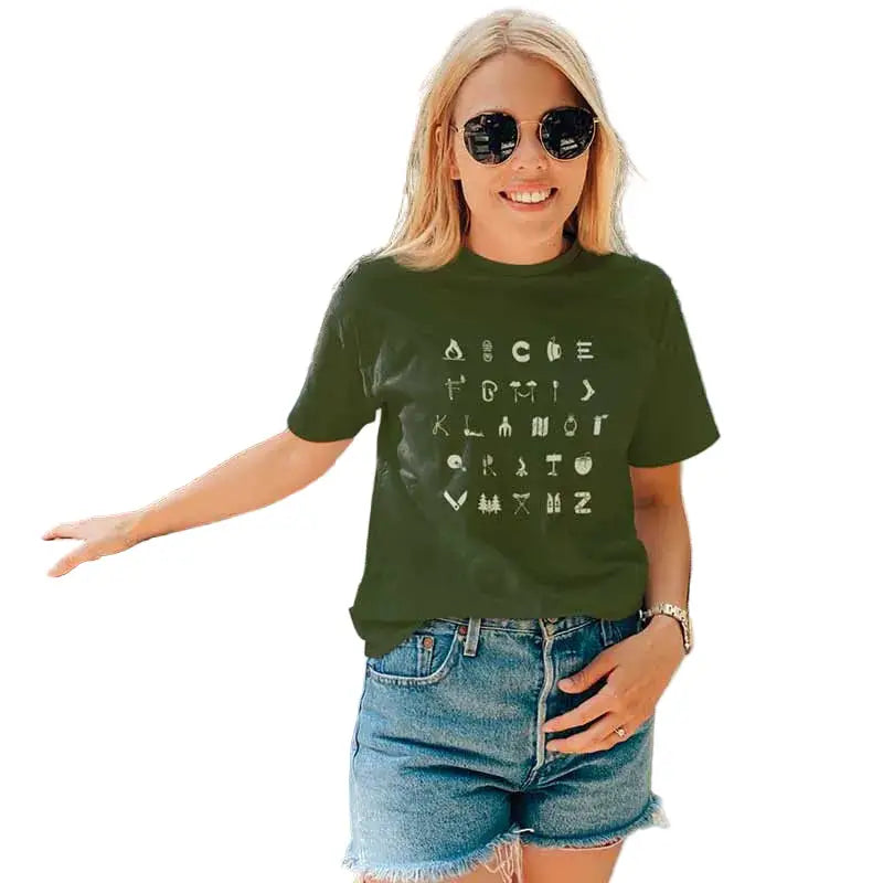 The Mahua Store Women’s Camping A to Z Print T-shirt - Olive / XS - T-shirt