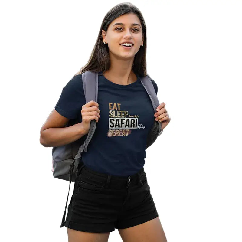 The Mahua Store Women’s Eat Sleep Safari Repeat Print T-shirt - Navy / XS - T-shirt