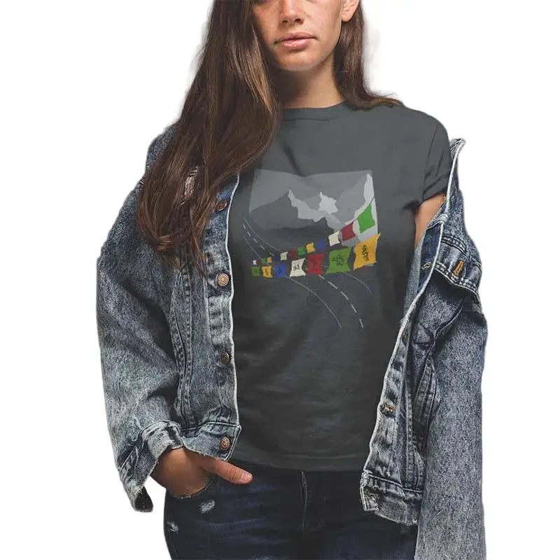 The Mahua Store Women’s Prayer Flag Print T-shirt - Gray / XS - T-shirt