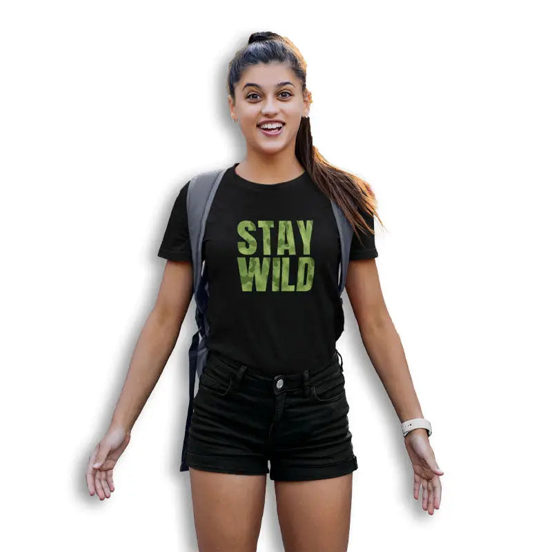 The Mahua Store Women’s Stay Wild-Green Camo Print T-shirt - Black / XS - T-shirt