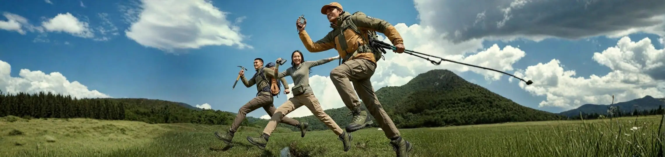 Three hikers in outdoor gear sprint across a grassy field under a partly cloudy sky.