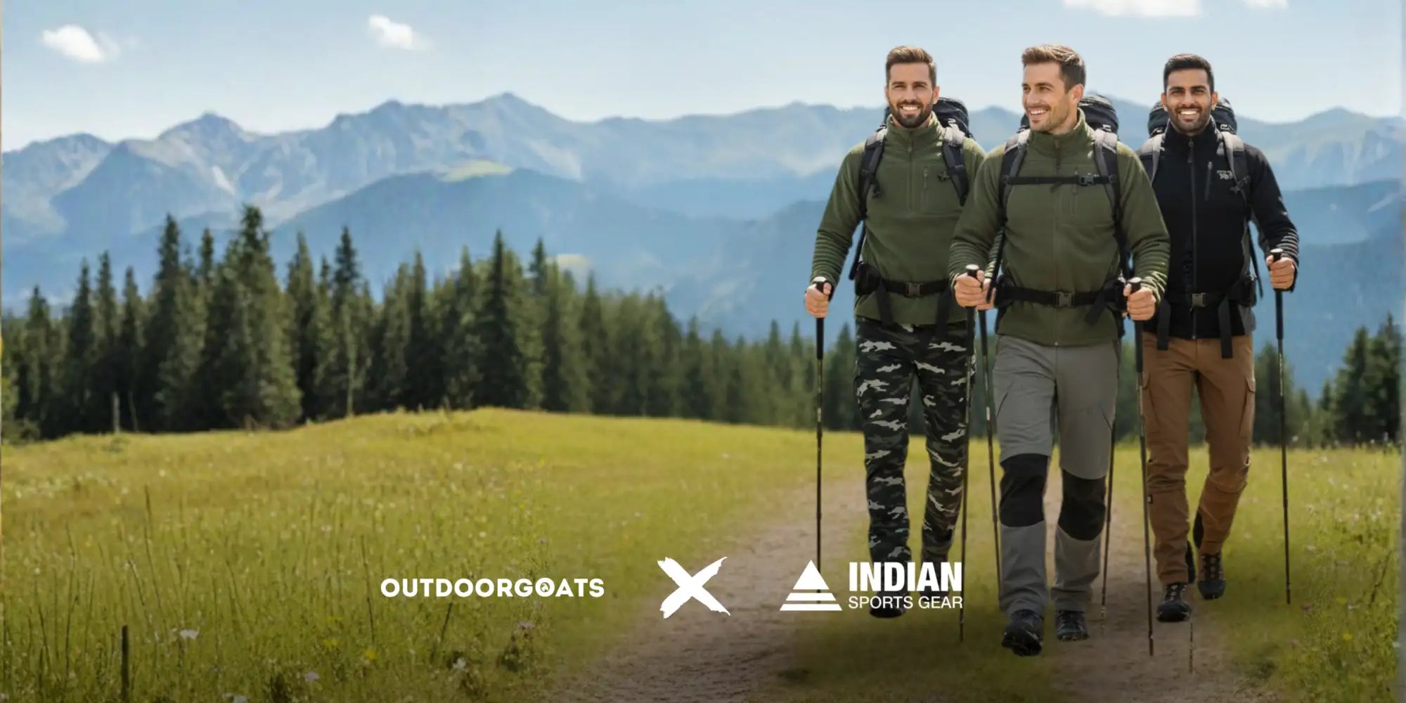 Three men in outdoor hiking gear, including green and black jackets with camouflage pants, walking along a trail.