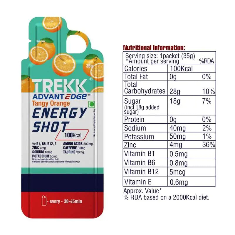 Trekk Nutrition Advantage Tangy Orange Energy Shot Gel 35g - Pack of 20 - Energy Gels