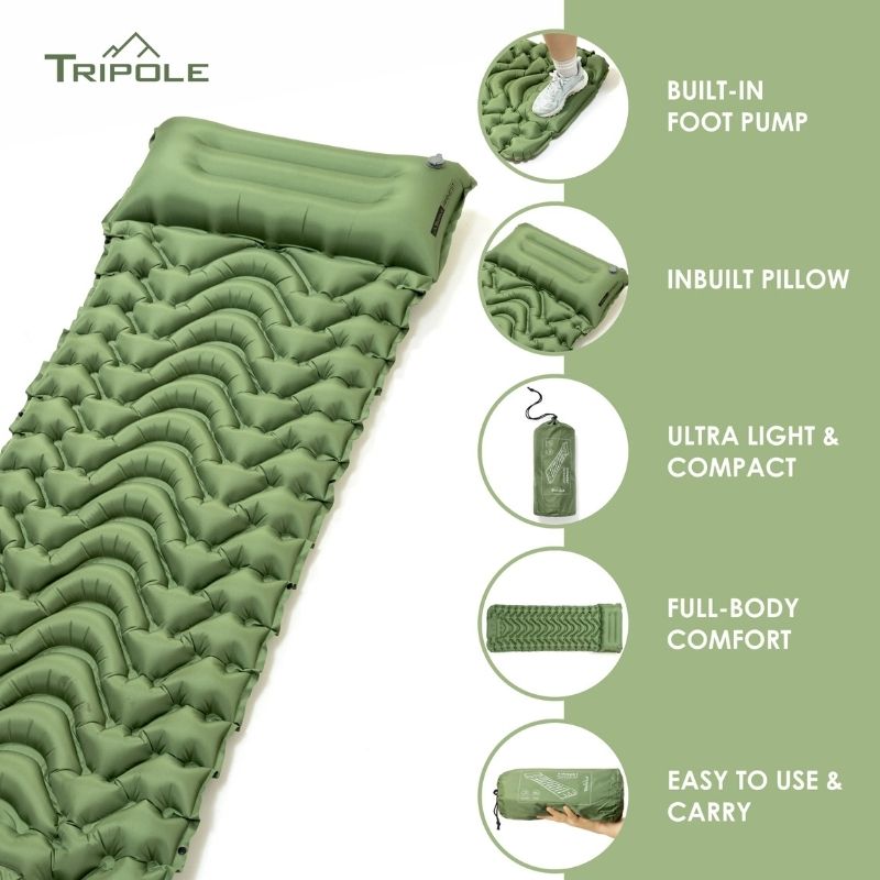 Tripole AirNest-Inflatable Portable Camping Mat Built-in Foot Pump & Pillow - Green / One Person - Sleeping Bags