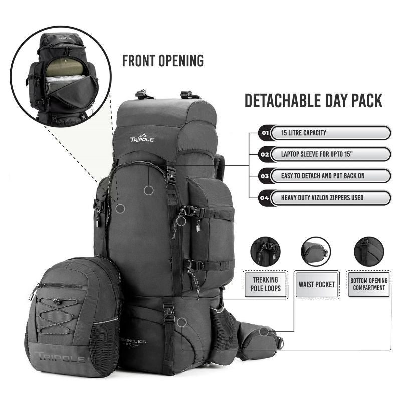 Tripole Colonel Pro Metal Frame 105 Litre Rucksack Front Opening with Detachable Bag and Rain Cover - Rucksacks