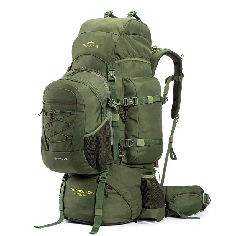 Tripole Colonel Pro Metal Frame 105 Litre Rucksack Front Opening with Detachable Bag and Rain Cover - Green / 105