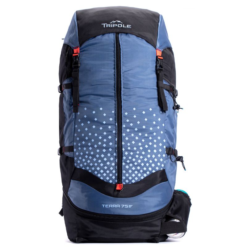 Tripole Terra Backpacking and Trekking Rucksack with Front Opening Rain Cover and Metal Frame-75 Litres - Blue / 75