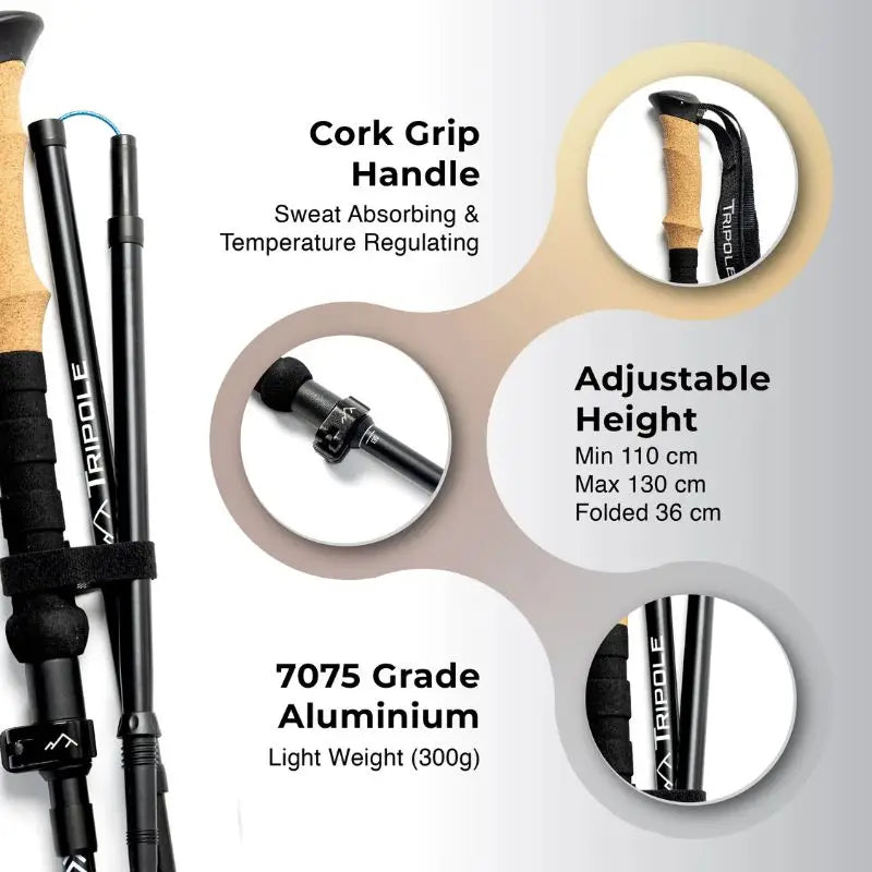 Tripole Trailcore Foldable Trekking and Hiking Pole- Lightweight - Black - Poles