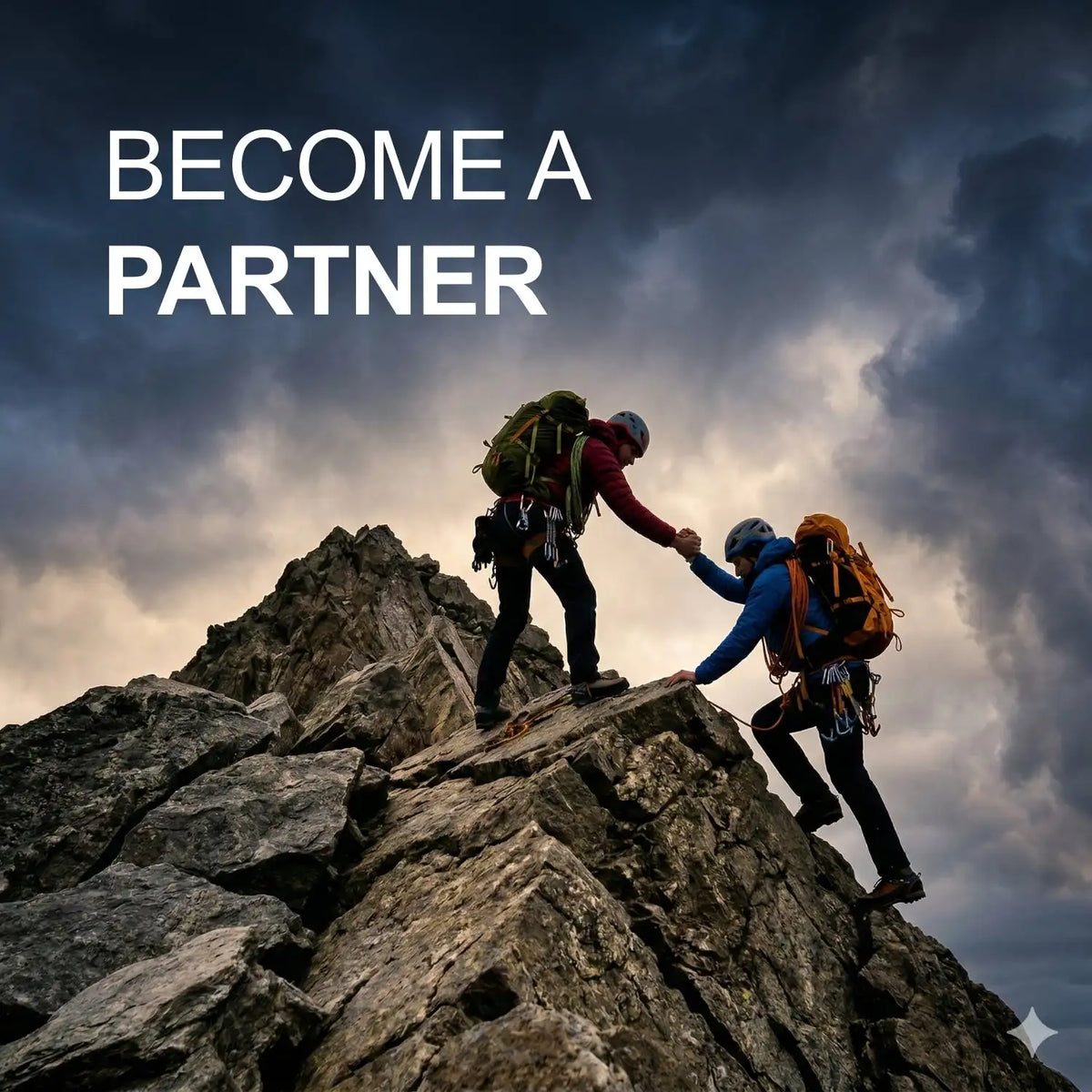 Two climbers, one in a red jacket and the other in blue, are gripping hands on a rocky mountain peak under stormy skies.